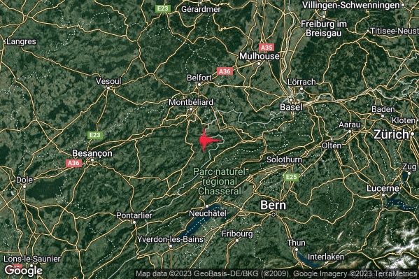 Leggero Terremoto M2.9 epicentro Confine Svizzera-Francia (SVIZZERA FRANCIA) alle 07:07:13 (05:07:13 UTC)