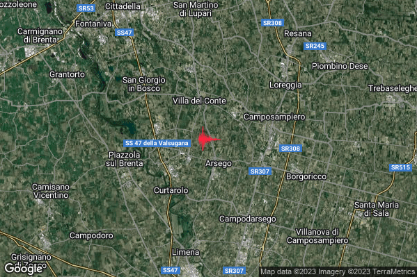 Lieve Terremoto M2.2 epicentro 3 km S Villa del Conte (PD) alle 05:49:25 (03:49:25 UTC)