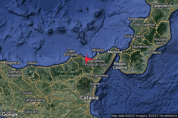 Debole Terremoto M2.3 epicentro Costa Siciliana nord-orientale (Messina) alle 15:37:22 (13:37:22 UTC)