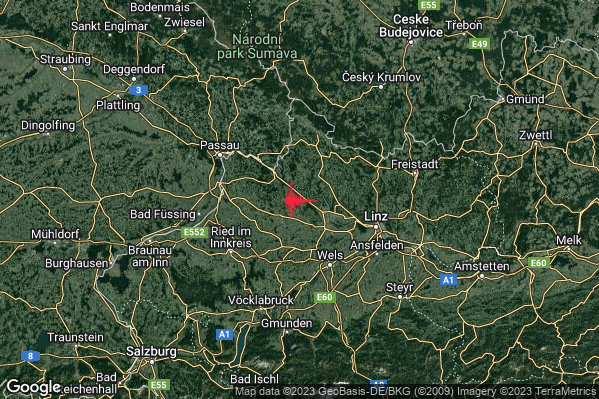 Debole Terremoto M2.7 epicentro Confine Austria-Germania (AUSTRIA GERMANIA) alle 17:55:00 (15:55:00 UTC)