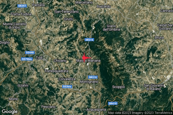 Leggero Terremoto M2.9 epicentro 1 km NW Massa Martana (PG) alle 23:53:11 (21:53:11 UTC)