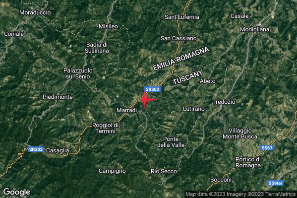 Debole Terremoto M2.4 epicentro 3 km NE Marradi (FI) alle 13:38:05 (11:38:05 UTC)
