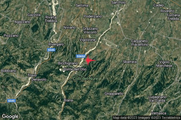 Lieve Terremoto M2.1 epicentro 3 km S Vigolzone (PC) alle 16:04:28 (14:04:28 UTC)