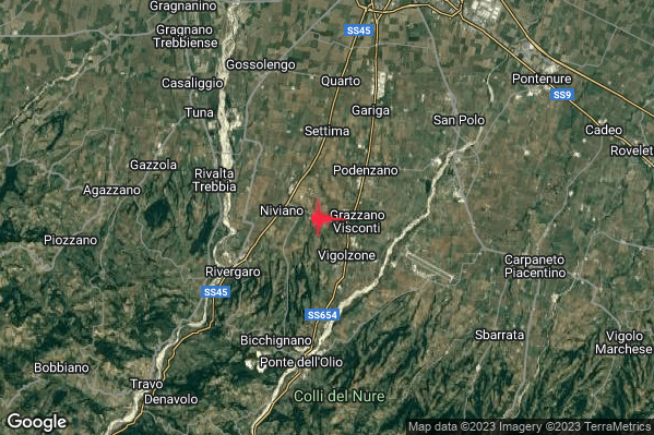 Debole Terremoto M2.4 epicentro 3 km NW Vigolzone (PC) alle 04:36:59 (02:36:59 UTC)