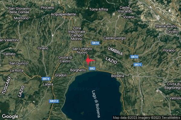 Leggero Terremoto M2.8 epicentro 2 km SE San Lorenzo Nuovo (VT) alle 19:50:18 (17:50:18 UTC)