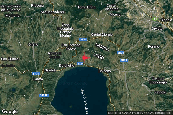 Leggero Terremoto M3.1 epicentro 4 km SE San Lorenzo Nuovo (VT) alle 21:27:16 (19:27:16 UTC)