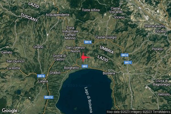 Debole Terremoto M2.6 epicentro 2 km SE San Lorenzo Nuovo (VT) alle 21:52:47 (19:52:47 UTC)
