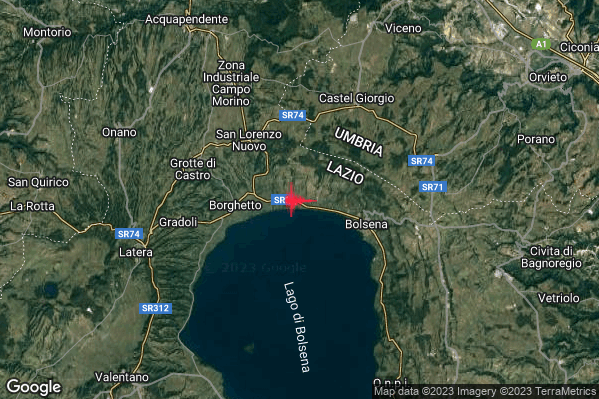Debole Terremoto M2.3 epicentro 4 km W Bolsena (VT) alle 22:00:17 (20:00:17 UTC)
