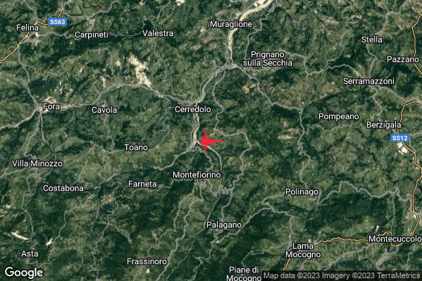 Debole Terremoto M2.5 epicentro 2 km NE Montefiorino (MO) alle 22:30:30 (20:30:30 UTC)