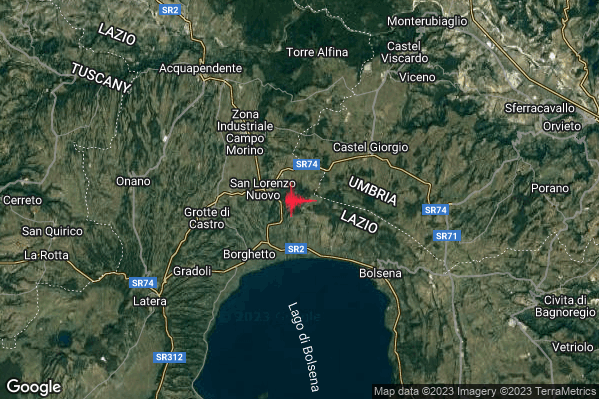 Lieve Terremoto M2.1 epicentro 2 km E San Lorenzo Nuovo (VT) alle 23:22:04 (21:22:04 UTC)