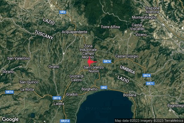 Debole Terremoto M2.4 epicentro 1 km NW San Lorenzo Nuovo (VT) alle 02:26:59 (00:26:59 UTC)