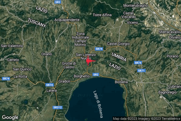 Debole Terremoto M2.4 epicentro 1 km SE San Lorenzo Nuovo (VT) alle 19:05:44 (17:05:44 UTC)