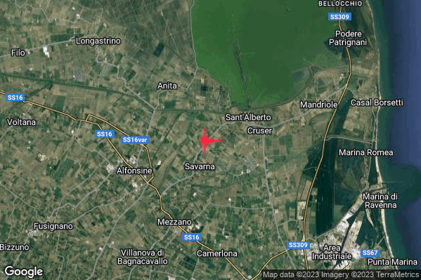 Debole Terremoto M2.7 epicentro 6 km E Alfonsine (RA) alle 04:52:06 (02:52:06 UTC)