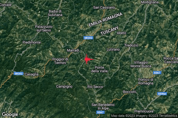 Debole Terremoto M2.3 epicentro 3 km E Marradi (FI) alle 02:16:43 (00:16:43 UTC)