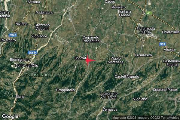 Lieve Terremoto M2.0 epicentro 4 km S Carpaneto Piacentino (PC) alle 21:31:32 (19:31:32 UTC)