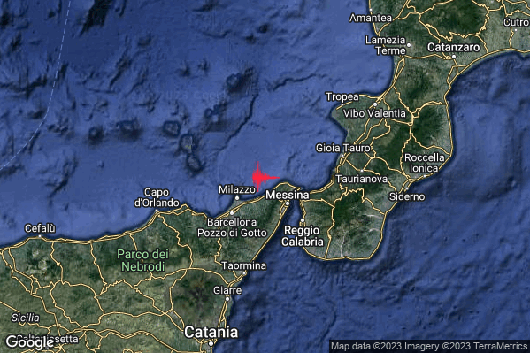 Debole Terremoto M2.7 epicentro Costa Siciliana nord-orientale (Messina) alle 05:02:48 (03:02:48 UTC)