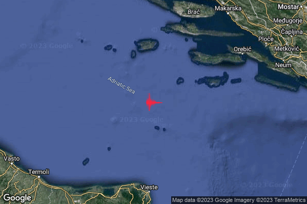 Debole Terremoto M2.4 epicentro Adriatico Centrale (MARE) alle 12:30:59 (10:30:59 UTC)