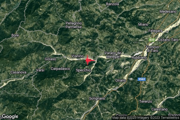 Debole Terremoto M2.6 epicentro 4 km W Varano de' Melegari (PR) alle 07:12:56 (05:12:56 UTC)
