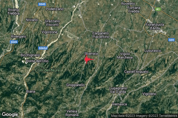 Lieve Terremoto M2.1 epicentro 5 km NE Gropparello (PC) alle 21:12:04 (19:12:04 UTC)