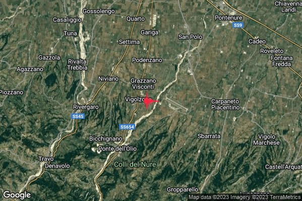 Debole Terremoto M2.6 epicentro 1 km E Vigolzone (PC) alle 03:07:40 (01:07:40 UTC)