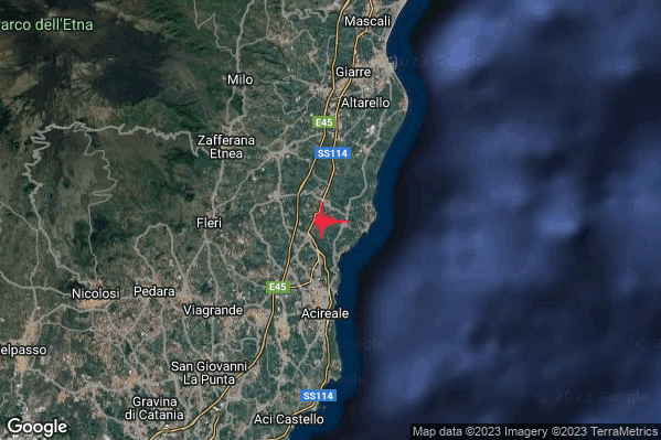 Lieve Terremoto M2.0 epicentro 5 km N Acireale (CT) alle 07:23:57 (05:23:57 UTC)