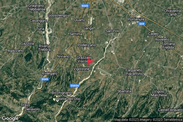 Lieve Terremoto M2.1 epicentro 3 km NE Vigolzone (PC) alle 08:29:02 (06:29:02 UTC)