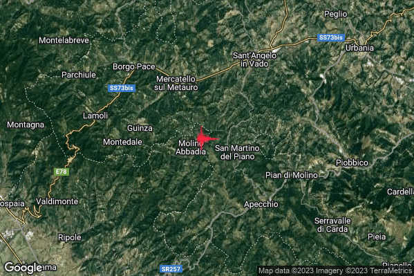 Debole Terremoto M2.6 epicentro 5 km SE Mercatello sul Metauro (PU) alle 03:37:55 (01:37:55 UTC)