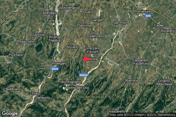 Debole Terremoto M2.6 epicentro 1 km NW Vigolzone (PC) alle 10:33:07 (08:33:07 UTC)