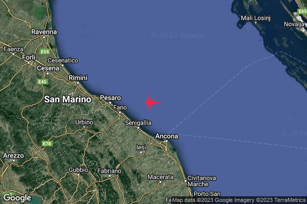 Debole Terremoto M2.3 epicentro Costa Marchigiana Anconetana (Ancona) alle 14:58:26 (12:58:26 UTC)
