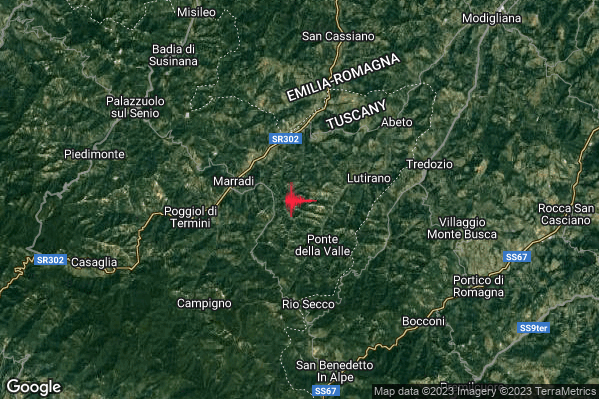 Lieve Terremoto M2.0 epicentro 4 km E Marradi (FI) alle 12:22:20 (10:22:20 UTC)