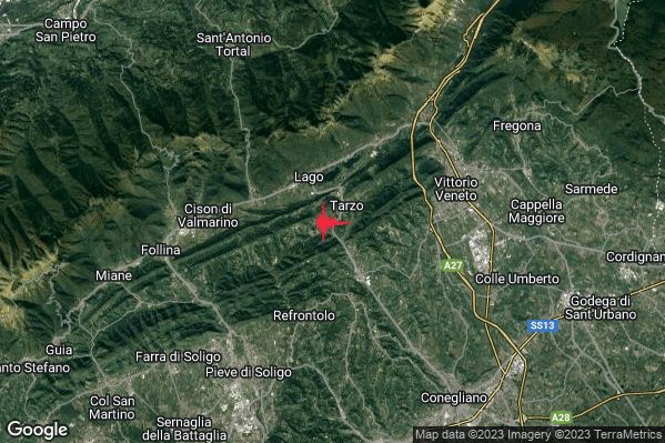 Lieve Terremoto M2.0 epicentro 1 km SW Tarzo (TV) alle 14:51:53 (12:51:53 UTC)