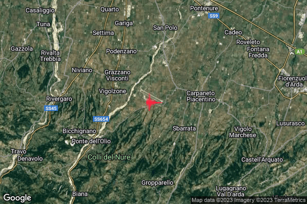 Debole Terremoto M2.4 epicentro 4 km E Vigolzone (PC) alle 23:08:21 (21:08:21 UTC)