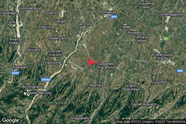 Debole Terremoto M2.3 epicentro 2 km W Carpaneto Piacentino (PC) alle 00:11:49 (22:11:49 UTC)