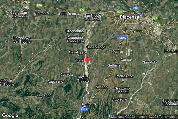 Lieve Terremoto M2.2 epicentro 3 km SW Gossolengo (PC) alle 02:29:55 (00:29:55 UTC)