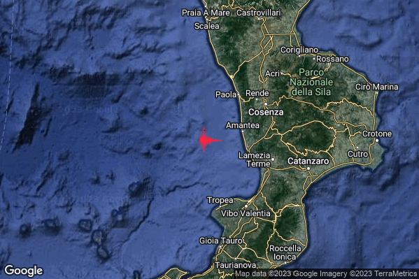 Leggero Terremoto M3.0 epicentro Costa Calabra nord-occidentale (Cosenza) alle 03:37:28 (01:37:28 UTC)