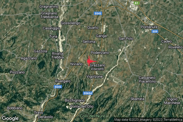 Lieve Terremoto M2.2 epicentro 2 km SW Podenzano (PC) alle 05:01:01 (03:01:01 UTC)
