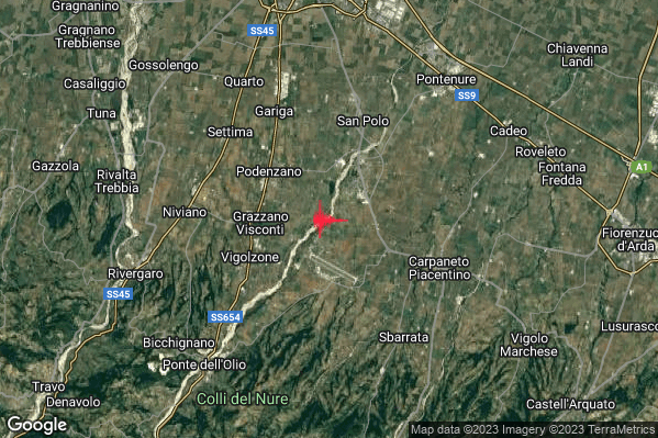 Debole Terremoto M2.7 epicentro 3 km SW San Giorgio Piacentino (PC) alle 05:20:14 (03:20:14 UTC)