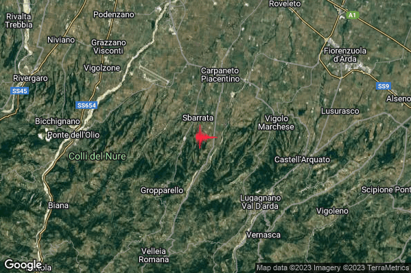 Debole Terremoto M2.4 epicentro 5 km S Carpaneto Piacentino (PC) alle 05:02:42 (03:02:42 UTC)