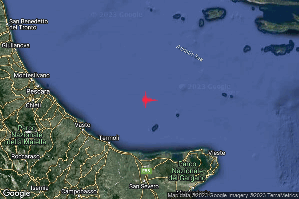 Lieve Terremoto M2.1 epicentro Adriatico Centrale (MARE) alle 16:38:50 (14:38:50 UTC)