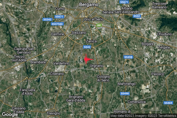 Lieve Terremoto M2.2 epicentro 2 km NW Urgnano (BG) alle 00:39:57 (22:39:57 UTC)
