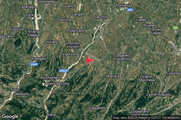 Moderato Terremoto M3.5 epicentro 4 km E Vigolzone (PC) alle 07:11:56 (05:11:56 UTC)