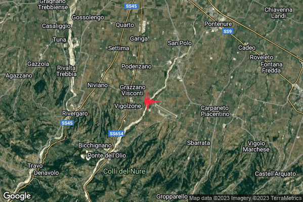 Debole Terremoto M2.7 epicentro 3 km E Vigolzone (PC) alle 07:42:48 (05:42:48 UTC)