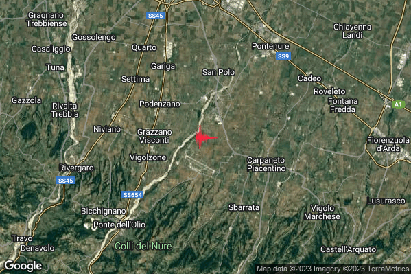 Leggero Terremoto M2.9 epicentro 3 km SW San Giorgio Piacentino (PC) alle 08:17:06 (06:17:06 UTC)
