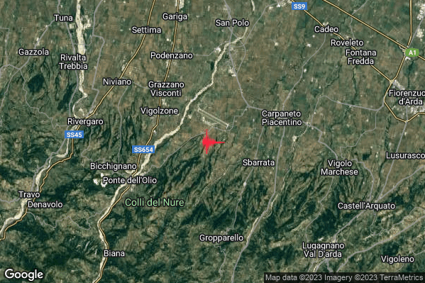 Moderato Terremoto M3.7 epicentro 4 km E Vigolzone (PC) alle 09:25:20 (07:25:20 UTC)