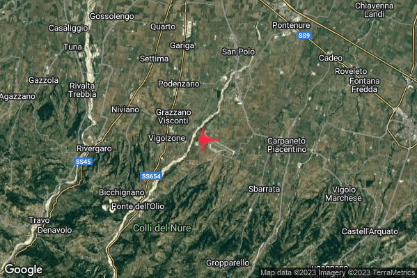 Debole Terremoto M2.4 epicentro 3 km E Vigolzone (PC) alle 09:43:04 (07:43:04 UTC)