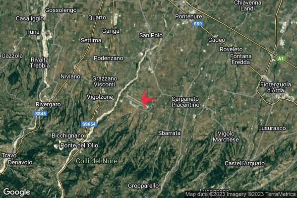 Debole Terremoto M2.4 epicentro 4 km W Carpaneto Piacentino (PC) alle 09:52:34 (07:52:34 UTC)