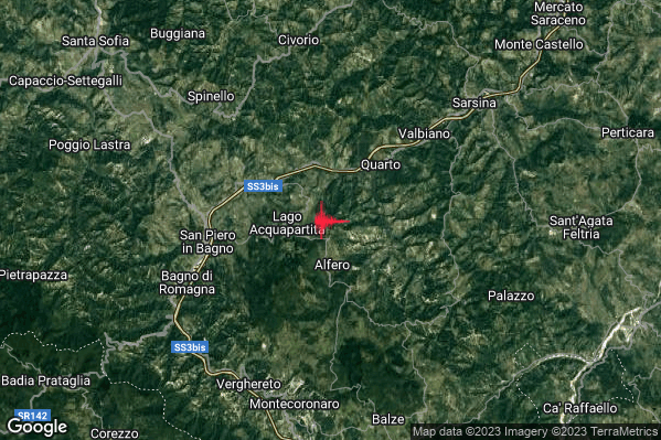 Debole Terremoto M2.3 epicentro 6 km E Bagno di Romagna (FC) alle 16:09:04 (14:09:04 UTC)