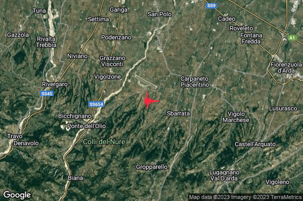 Lieve Terremoto M2.2 epicentro 5 km E Vigolzone (PC) alle 21:16:21 (19:16:21 UTC)