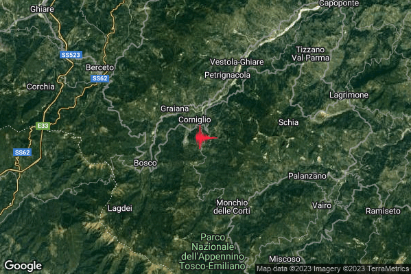 Lieve Terremoto M2.1 epicentro 1 km SE Corniglio (PR) alle 23:28:33 (21:28:33 UTC)