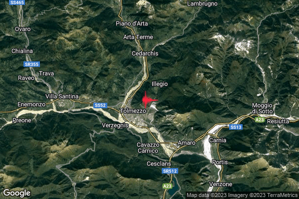 Leggero Terremoto M2.9 epicentro 2 km E Tolmezzo (UD) alle 22:13:03 (20:13:03 UTC)